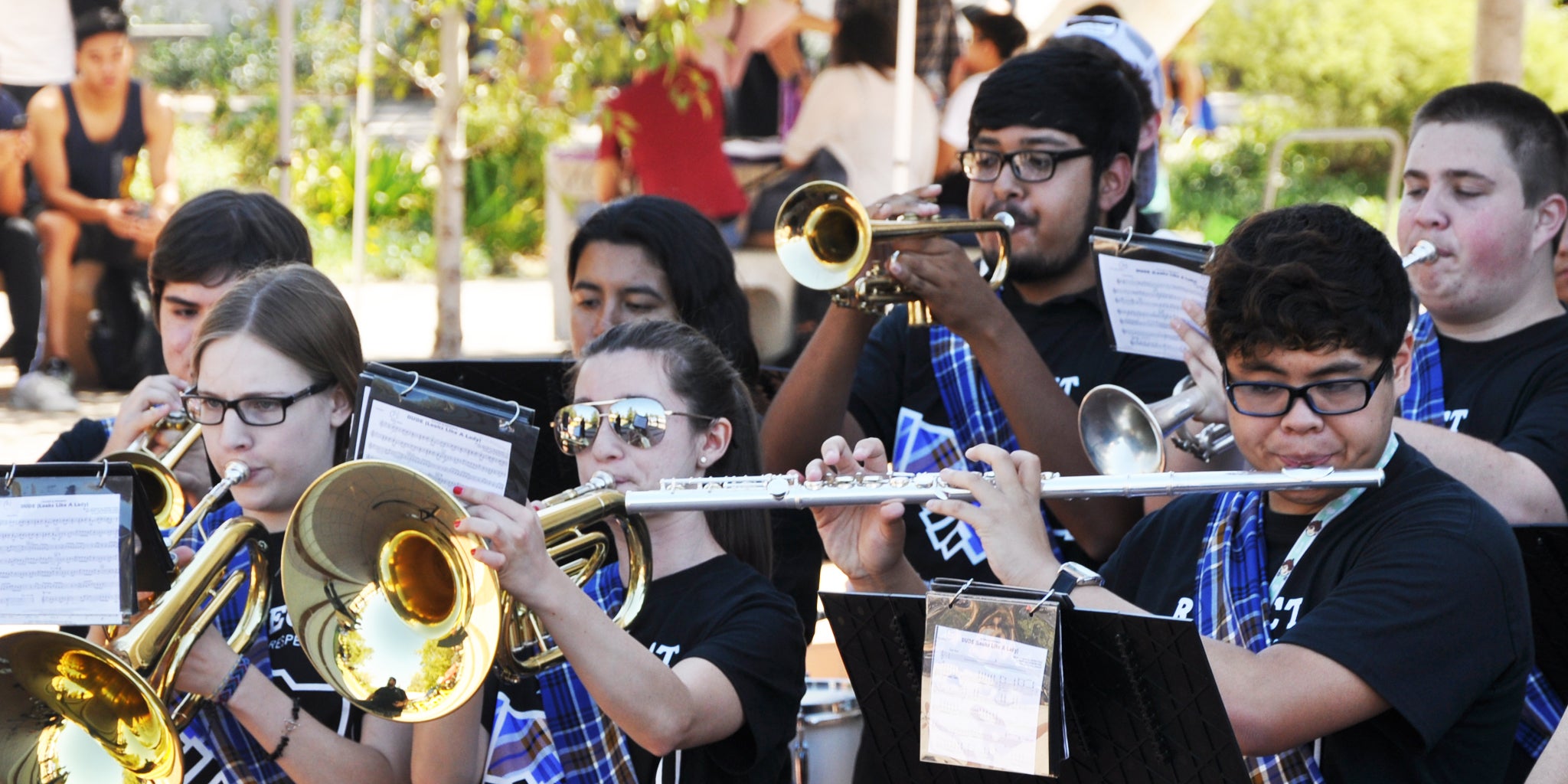Members of the Highlander Pep Band perform for other students on the UCR campus.