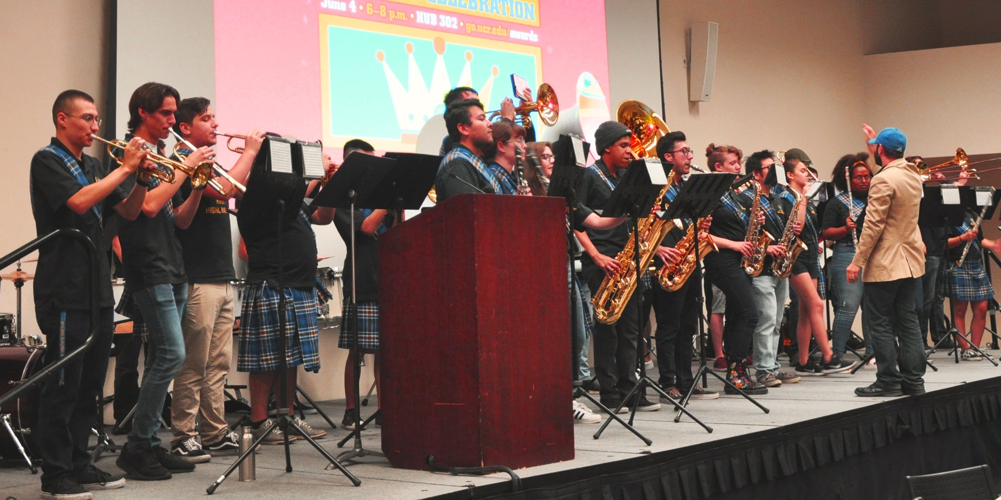 The Highlander Pep Band performs at a campus awards ceremony. 