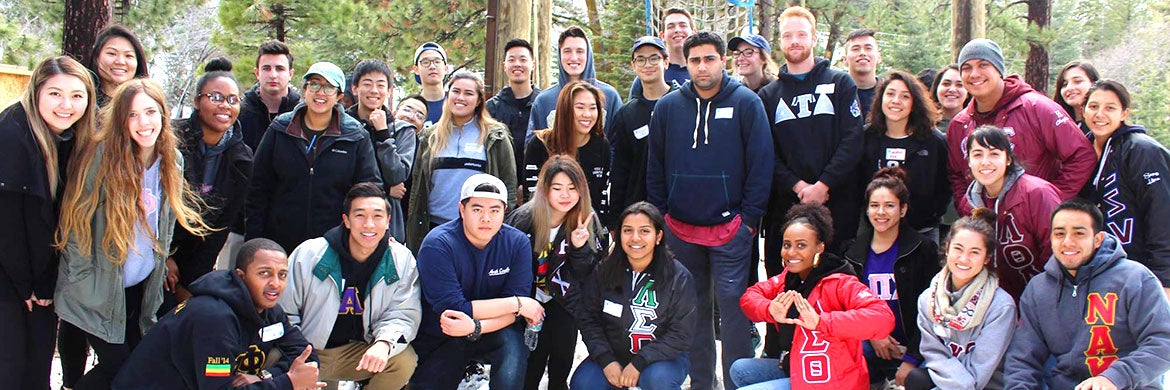 Members of UCR fraternities and sororities pose together during the Leadership Retreat.